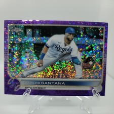 2022 Topps Chrome Carlos Santana Purple Speckle Refractor + Base; Mariners 
