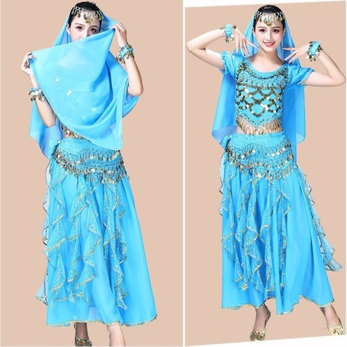 Belly Dance Costume Indian Dance Sequins Beads Chiffon Top Skirt Belt 8 Colors - Picture 11 of 14
