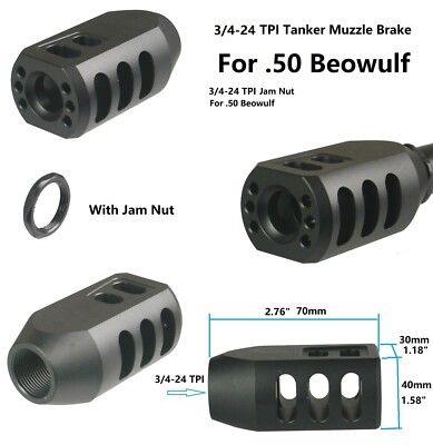 Aluminum 3/4x24 TPI Tanker Muzzle Brake Compensator,.50 Beo Steel 3/4-24 Jam Nut