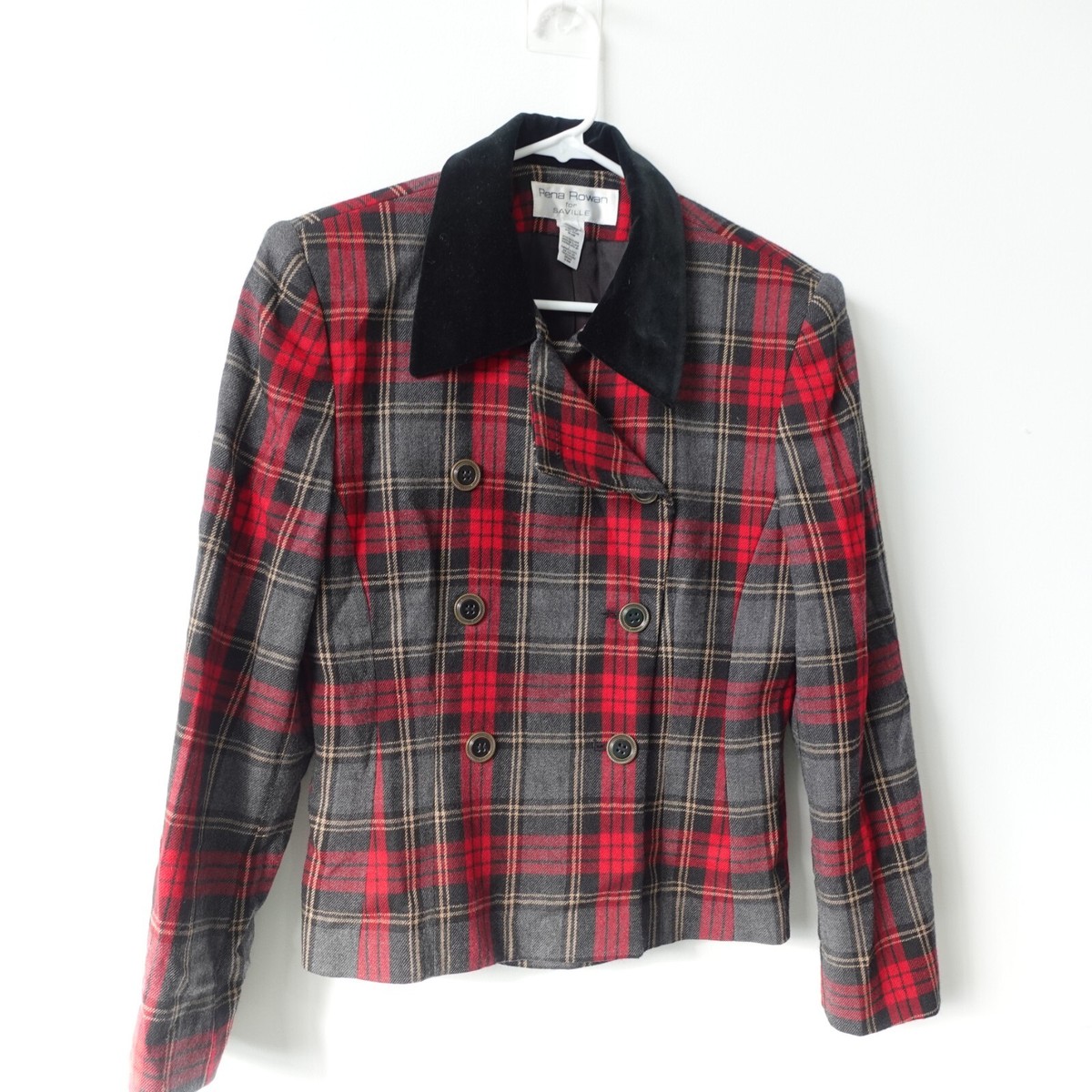 VTG Cropped Wool Plaid Blazer Womens Medium Black Red SAVILLE Rena Rowan USA