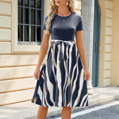 Ladies Color Block Short Sleeve Summer Dress A-Line Dress Elegant Midi Dress  | eBay