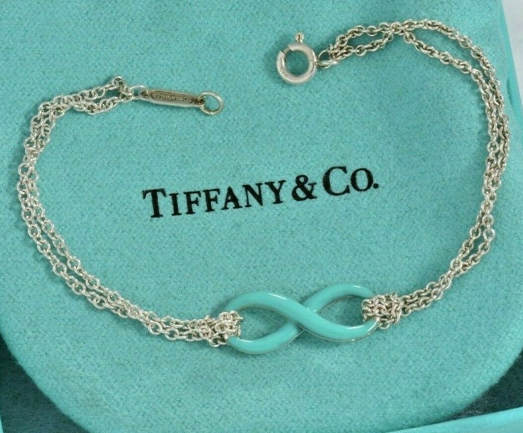 Tiffany Co Silver Blue Enamel Infinity Double Chain Charm