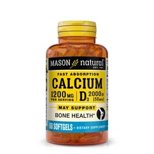 Mason Natural Calcium 1200 mg & Vitamin D3 50mcg 2000IU Immune Sup, 60 Softgels
