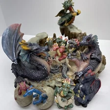 Mother Dragon Egg Nest & Her Hatching Baby Hatchlings -VTG Poly Statue Figurines