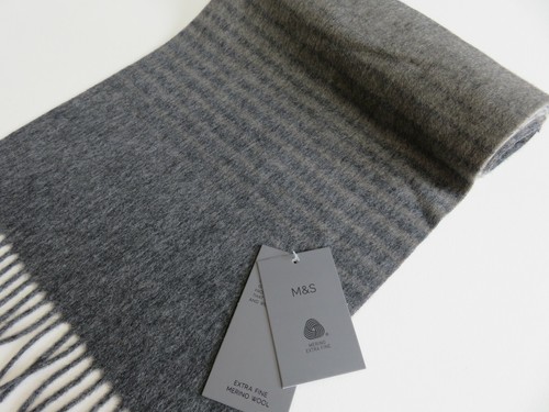 Marks & Spencer mens striped scarf merino wool light mid dark grey NEW M&S - Picture 4 of 6
