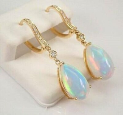 4Ct Pear Cut Unique Opal & Diamond Drop/Dangle Earrings 14k Yellow Gold Finish