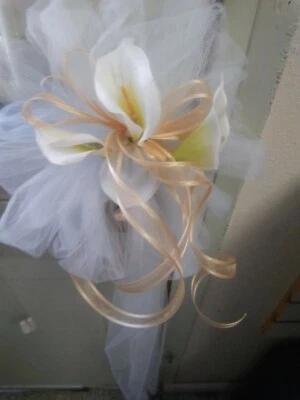 12 White Wedding Pew Bows Cala Lilies Champagne Ribbon or ANY COLOR Rush Availab - Image 1 of 2