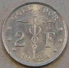 Belgium 1924 Two Francs Better Grade with Luster Belgie