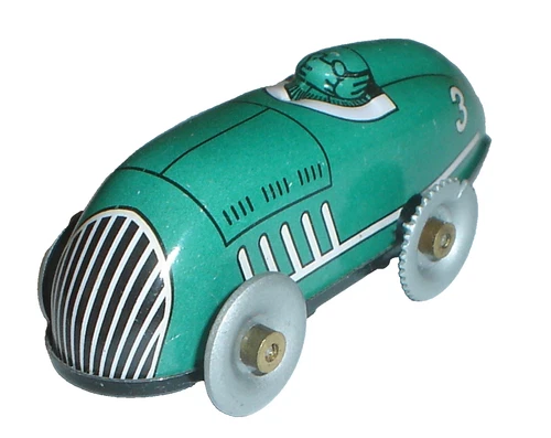 Vintage Schylling Green Tin Wind-Up Boat Tail Racer / Race Car Works "No Key"