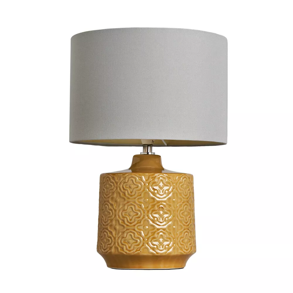 Litecraft Table Lamp Ceramic E14 Base with Pale Grey Drum Shade Mustard