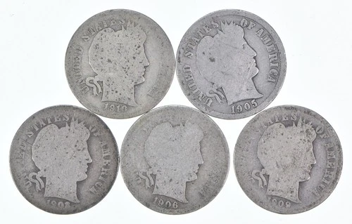 Better Lot 5 1910-D 1905-O 1903-O 1906-D 1909-O Barber Dime 0.50 Face *174