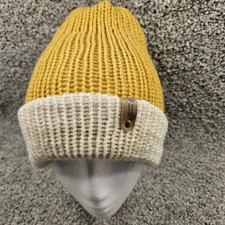 Handmade Knit Beanie Hat Toboggan M/L Mustard/Ivory Warm Winter Comfy Stretch