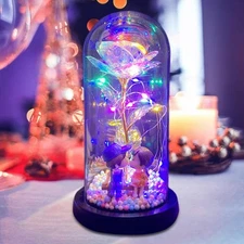 Flower Gift, Rose in Glass, Romantic in Glass Dome with Colorful LED Lights, for
