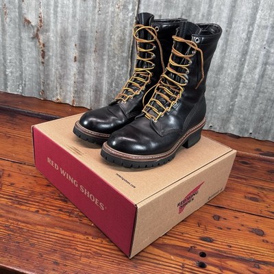 Vintage CLEAN RED WING BOOTS 9C Logger Black Leather w/ Soles Lace Up USA 90s