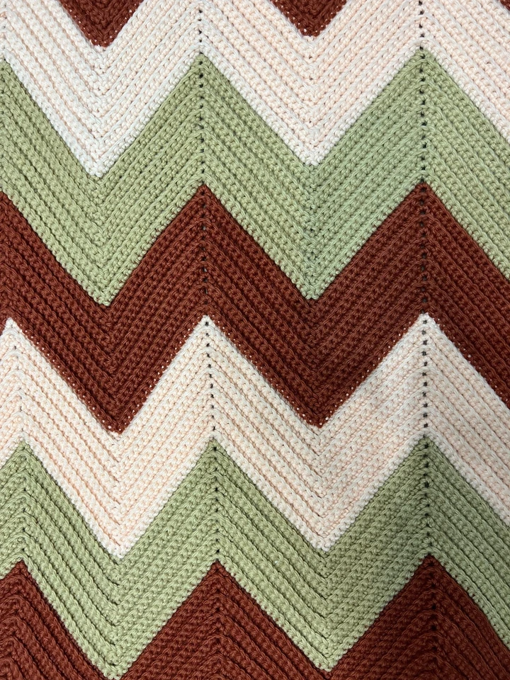 Handmade Crochet Afghan Blanket Throw Chevron Ripple Striped Pink Sage Rust - Image 2 of 4