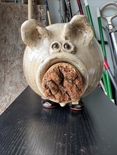Vintage 6" CORKY PIG Pottery Piggy Bank hand made POTTERY