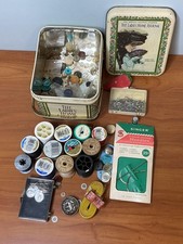 Vintage Sewing Notions Lot Buttons Thread Singer Coats Clark Ladies Journal Tin