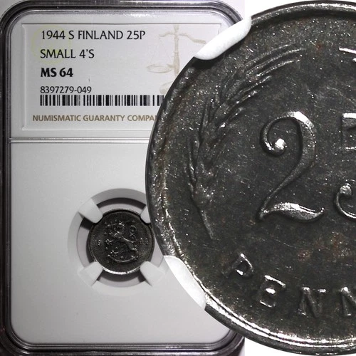 FINLAND Iron 1943 S 25 Penniä Small "4" WWII NGC MS64 TOP GRADED KM# 25b (9)
