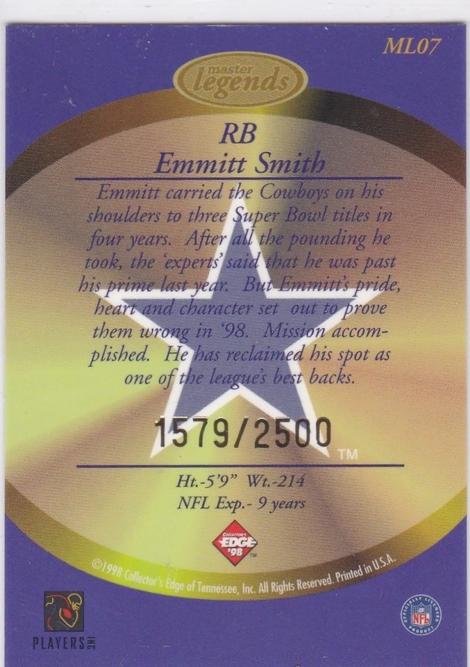 EMMITT SMITH Dallas Cowboys Football 1998 Edge MASTER LEGENDS #'d 1579/2500 SP! - Image 2 of 2