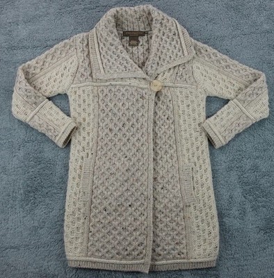 Inis Crafts Cardigan Small Beige Merino Wool Fisherman Irish Chunky Knit