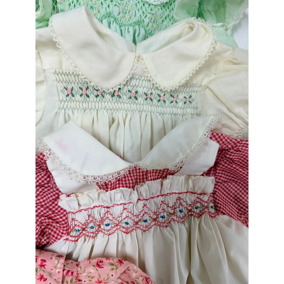 Lote de 10 vestidos de bebé ajustados Polly Flinders años 50 de colección 12-18 M pasteles guinga Foto 2 de 4