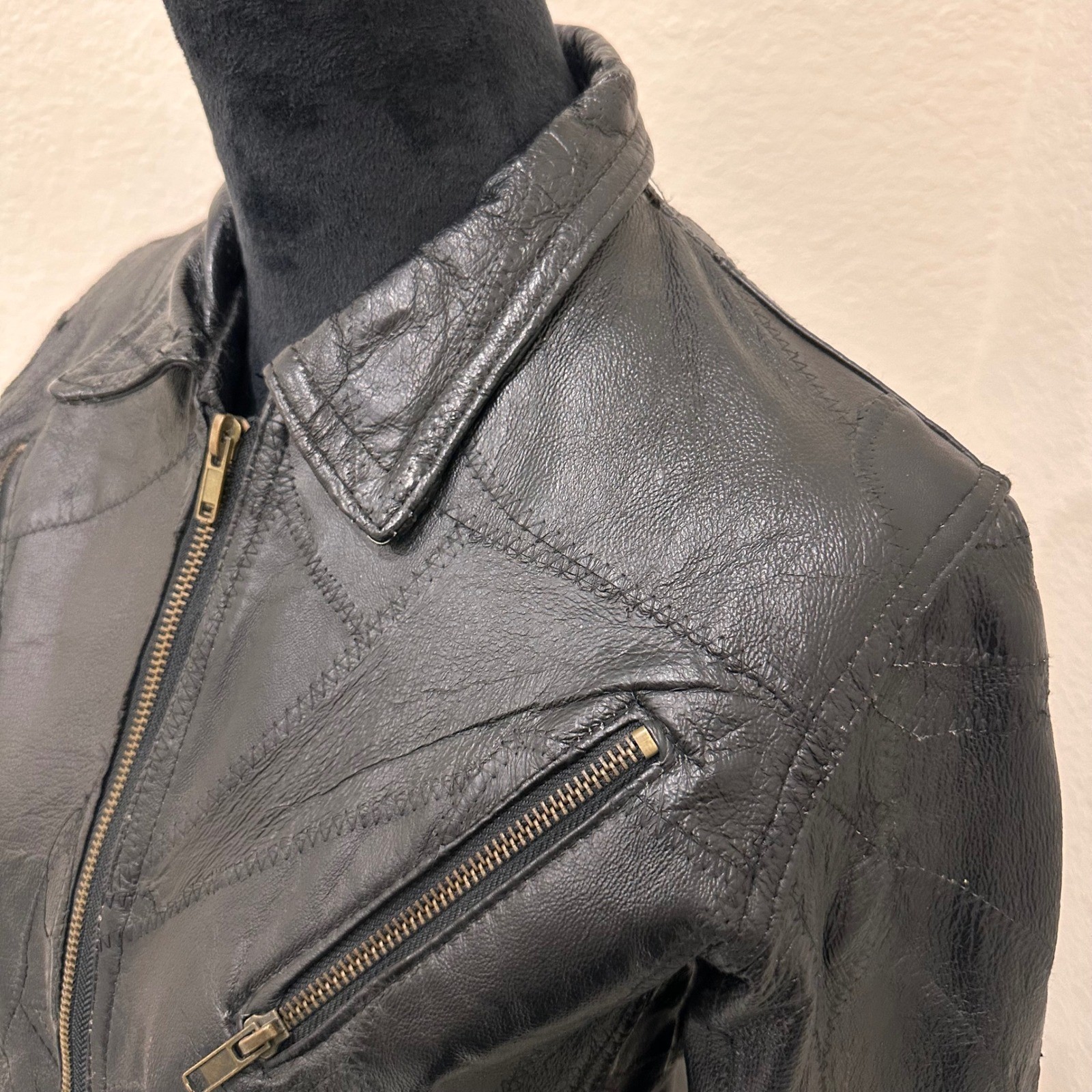 Vintage M Collection Black Patchwork Leather Jack… - image 4