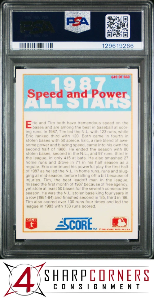 1988 SCORE #649 ERIC DAVIS-TIM RAINES PSA 10 - Image 2 of 3