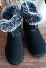 BEARPAW WATER RESISTANT SUEDE WINTER BOOTS SIZE 7 BLK TRIMMED & FURLINED 6" TALL