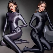 Womens Oil Shiny Glossy Full Bodystocking Catsuit Satin Zentai Bodysuit Jumpsuit