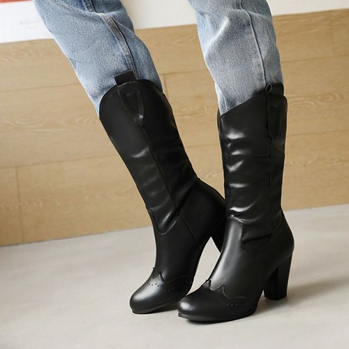 Damen Blockabsatz Cowboy Schuhe Kunstleder Runde Form Wadenlänge Stiefel Pump - Afbeelding 1 van 18