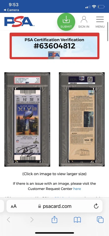 Russell Wilson Signed Super Bowl XLVIII 48 Full Ticket Stub PSA Slab Seahawks - Image 2 of 4