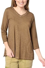 LOGO by Lori Goldstein Distressed Cotton V-Neck Top Sepia Brown
