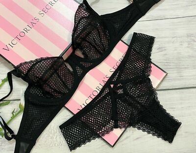 Victorias Secret Luxe Lingerie Set Fishnet Unlined Demi Bra Cheeky Panties Black