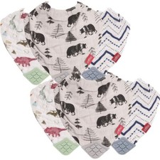 Nuby 100 Natural Cotton Muslin Teething Bib - 6 Pack, Dinosaur/Bear/Stripes