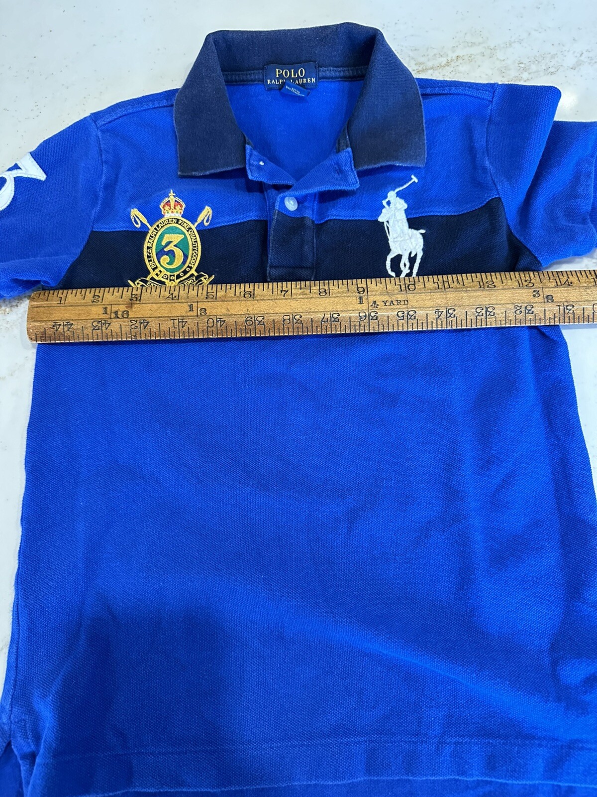 Polo Ralph Lauren BIG Pony camicia con colletto ragazzo taglia 7 blu bianco cucito pony