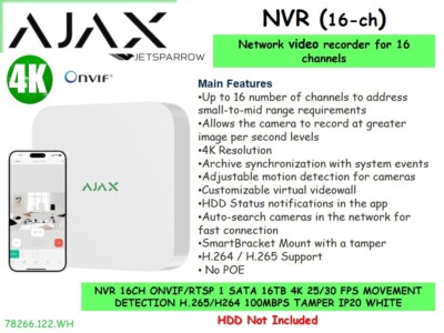 AJAX 16-Channel NVR, 4K Resolution, ONVIF (Profile S/T) White (NO HDD) 