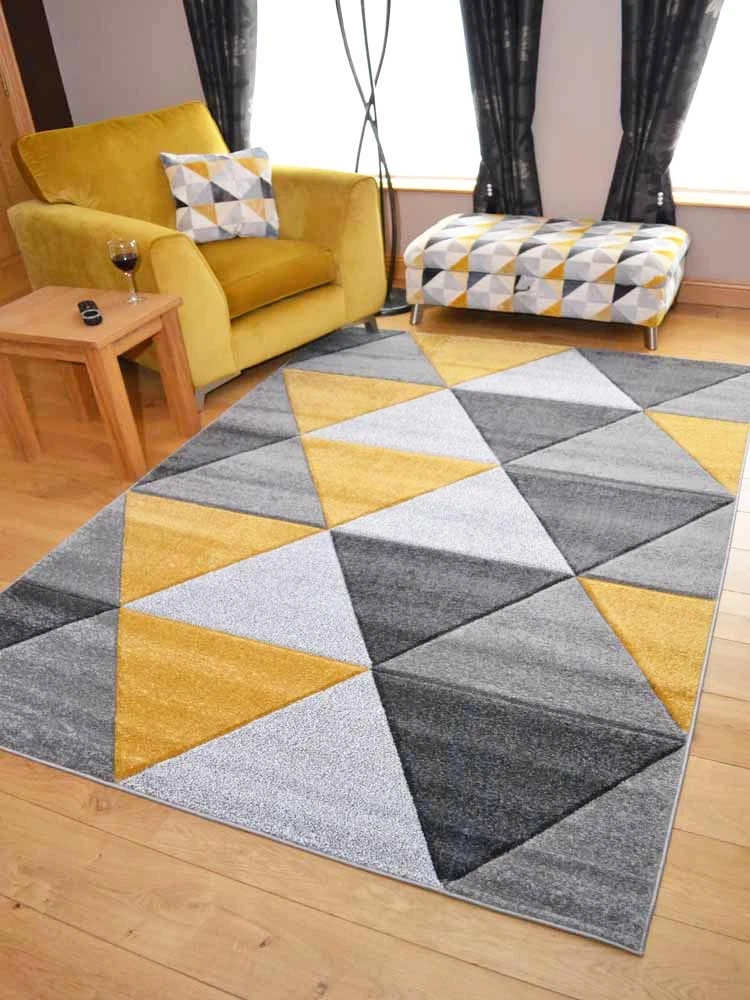 Thick Gold Ochre Rug Soft Grey Silver Triangle Design Floor Mats Carpet Reduced