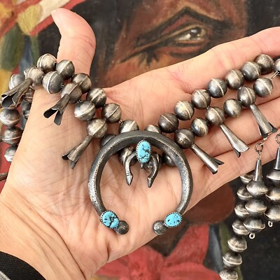 Turquoise Navajo Squash Blossom Necklace 121g Antiqued
