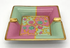Vtg Limoges France ESCADA MARGARETHA LEY Porcelain Cigar Ashtray Pink Green Gold