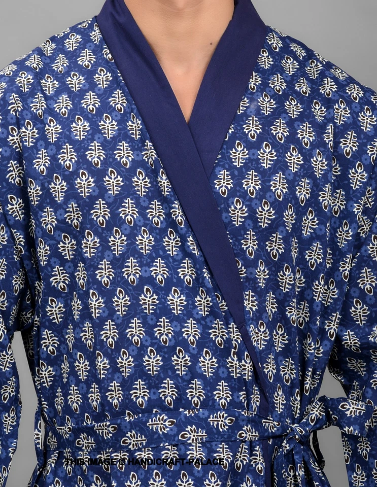 Lujo Indigo Color Hombre Batas 100% Algodón Cuello Chal Albornoz Floral Impreso - Imagen 2 de 4