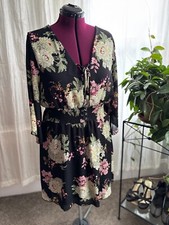 Maurices Plus Sz 1 Black Dress Lace Up Front , Chrysanthemum Floral Pattern