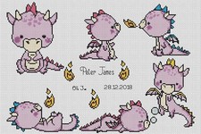 Birth Sampler Baby Dragons in Purple Counted Cross Stitch Chart No. 5-115b