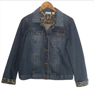 Chico-s-Platinum-Denim-Blue-Jean-Jacket-Animal-Print-Cuff-Size-1-US-Sz-8-Med