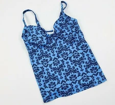 Lands End Blue Tankini Navy Blue Geometric White Print Reg DD CUP 6 Swim Top 