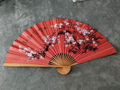 GIANT RED ASIAN FAN HAND PAINTED CHINESE CALLIGRAPHY CHERRY BLOSSOMS ORIENTAL - Picture 1 of 10
