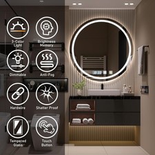 Round Bathroom Mirror with Backlit LED Lights Demister Dimmable Color Changing