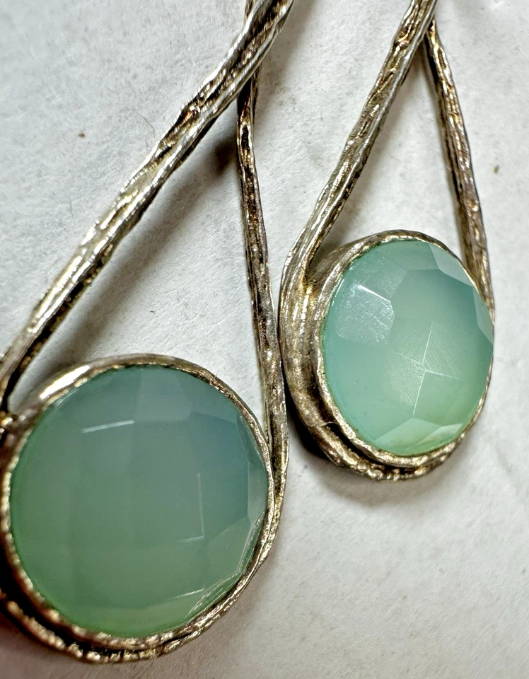 Silver Earrings Israel Green Stone Dangle Pierced Textured 925 - Image 2 of 4