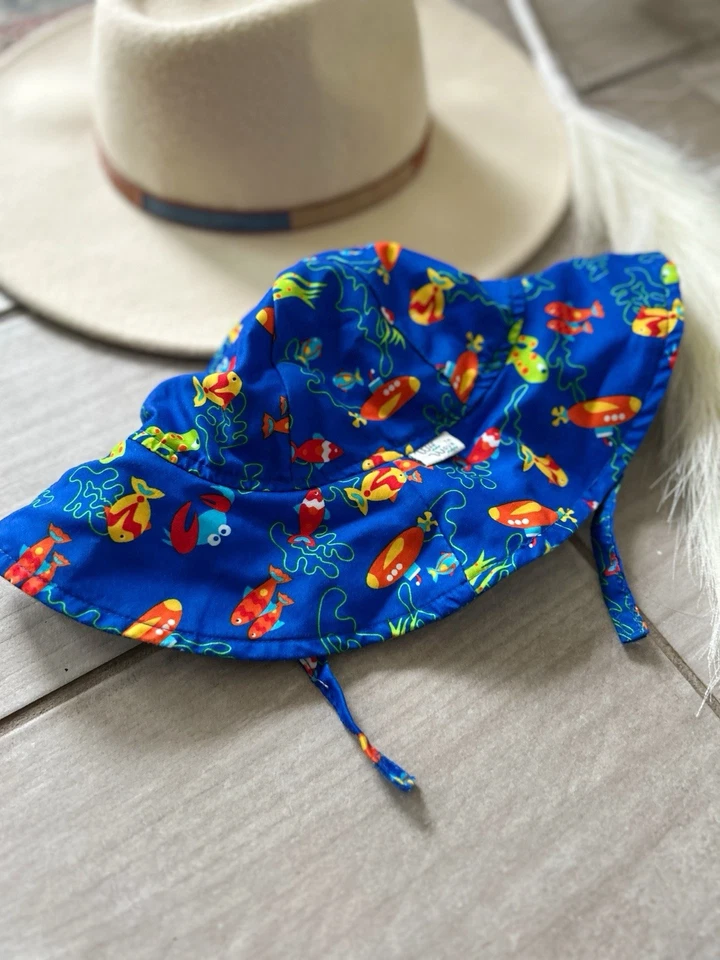 Baby ведро шляпа Wee волны синий Sz S младенца синий с рыбы крабы подводные лодки водоросли - Изображение 3 из 4