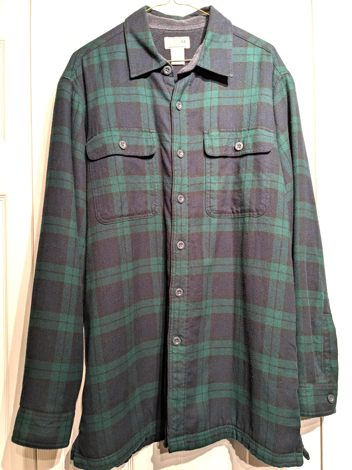 LL Bean Shirt Jacket Men M Green Navy Plaid Fleece Lined Flannel Outdoor Vintage