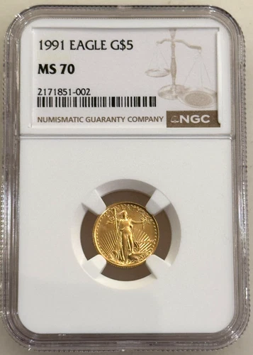 1991 $5 American Gold Eagle NGC MS70 1/10 Oz Coin